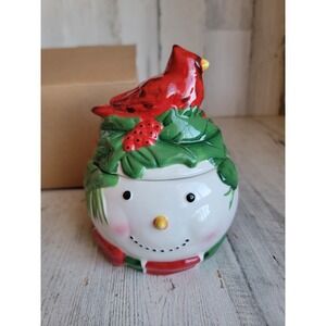 Lang peaceful friends snowman jar ceramic red‎ cardinal Xmas home decor